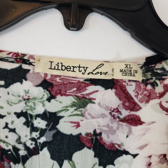 Libery Love Black/Pink Floral Print Tie Front Lace Edge Wmns Sz XL Kimono Blouse - Picture 7 of 15